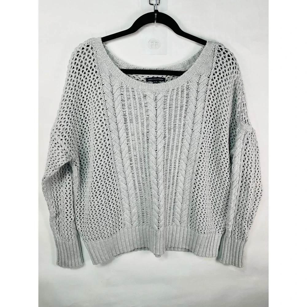 AE American Eagle Sweater Gray Open Knit Long Sleeve Women's XL Crochet Fall EUC